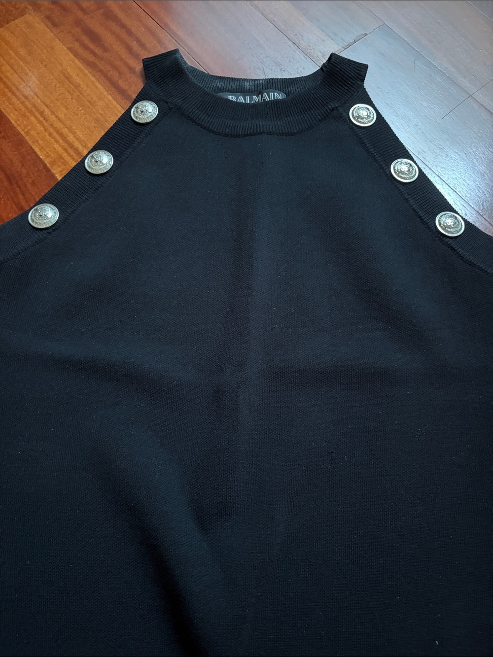 Black Sleeveless Knit Dress with Silver Button Accents - - Picture 5 of 6
